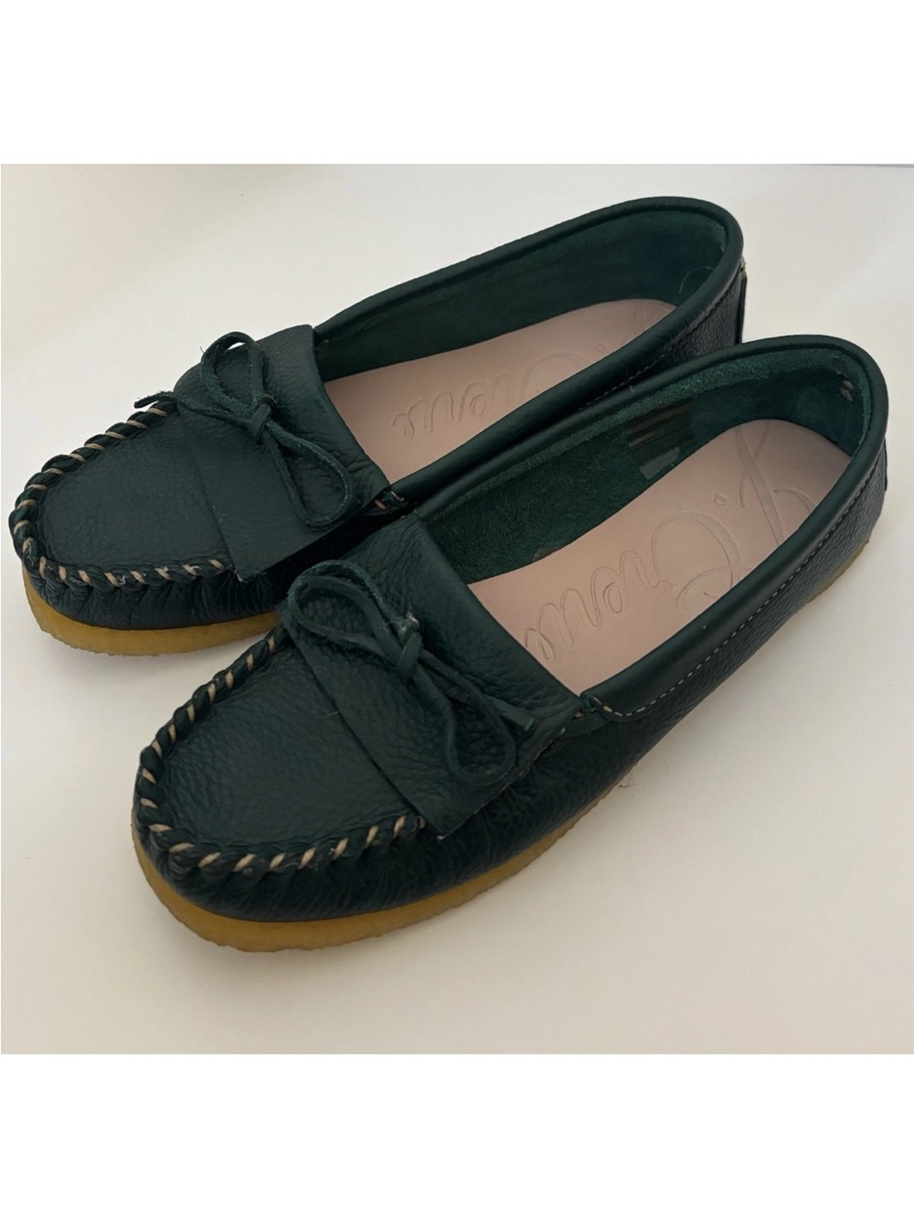 J. Crew Dark Green Leather Moccasin Loafers NEW Size 7.5